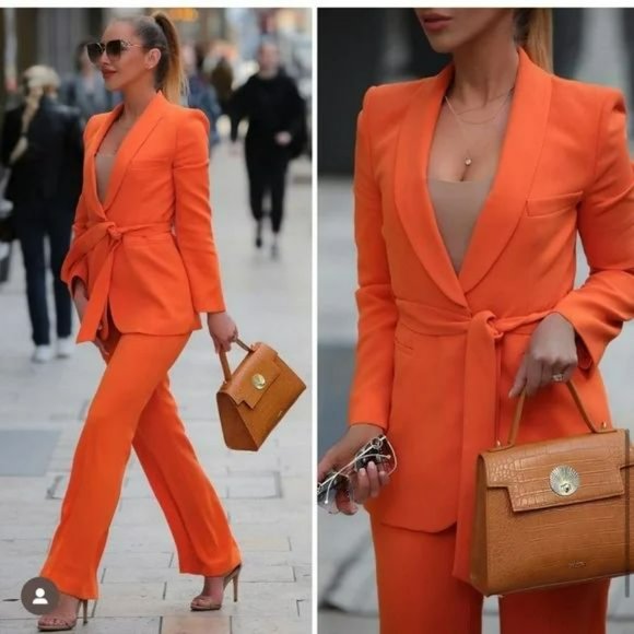 ZARA 2 PIECE BELTED TUXEDO COLLAR BLAZER AND HIGH WAISTED PANTS - Picture 3 of 10